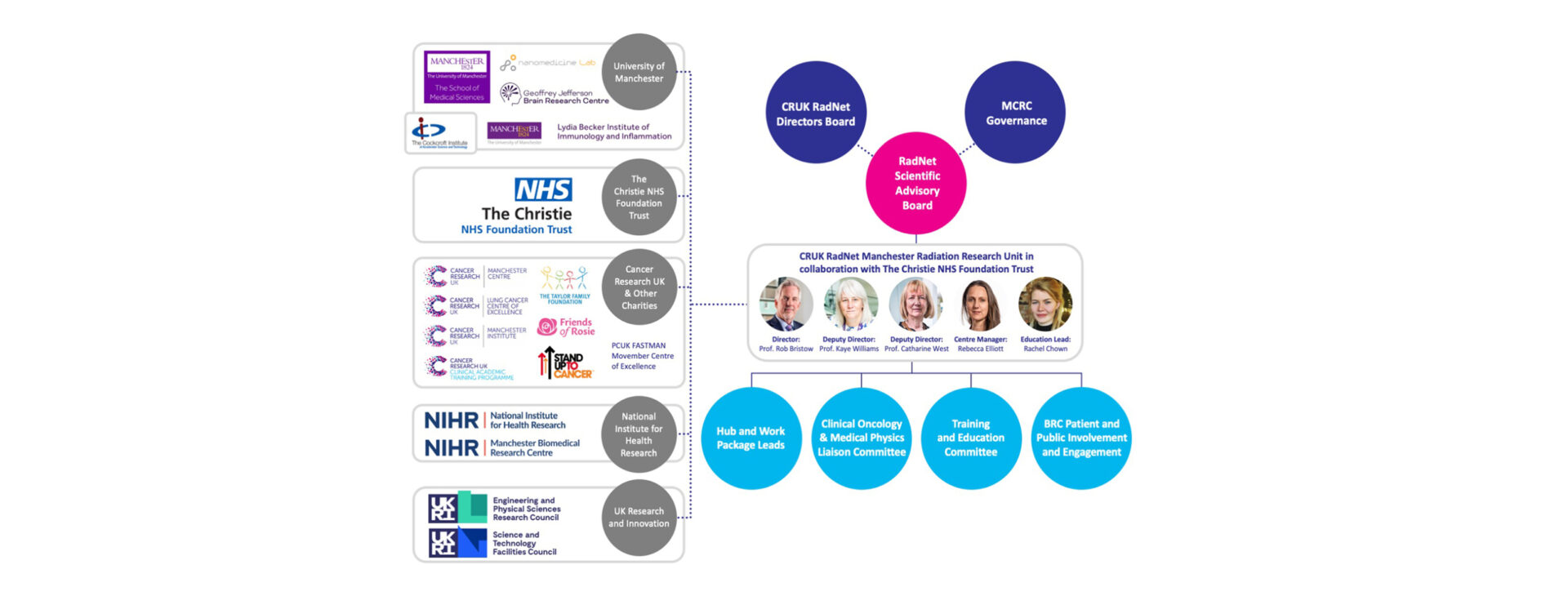 Governance chart of RadNet Manchester. Level 1 supports the hub and work package leads; Clinical oncology and medical physics committee; Training and education committee; BRC patient and public involvement and engagement. Level 2 is the CRUK RadNet Manchester leadership team: Director Rob Bristow, Deputy Directors Kaye Williams and Catharine West, Centre manager Rebecca Elliott, and Education Lead Rachel Chown. Level 3 is external governance and includes the International Advisory board, MCRC Governance and CRUK RadNet Directors board. Supporting the Leadership at level 2 are various partner organisations including the University of Manchester, The Christie NHS Foundation Trust, CRUK and other charities, NIHR and UKRI.