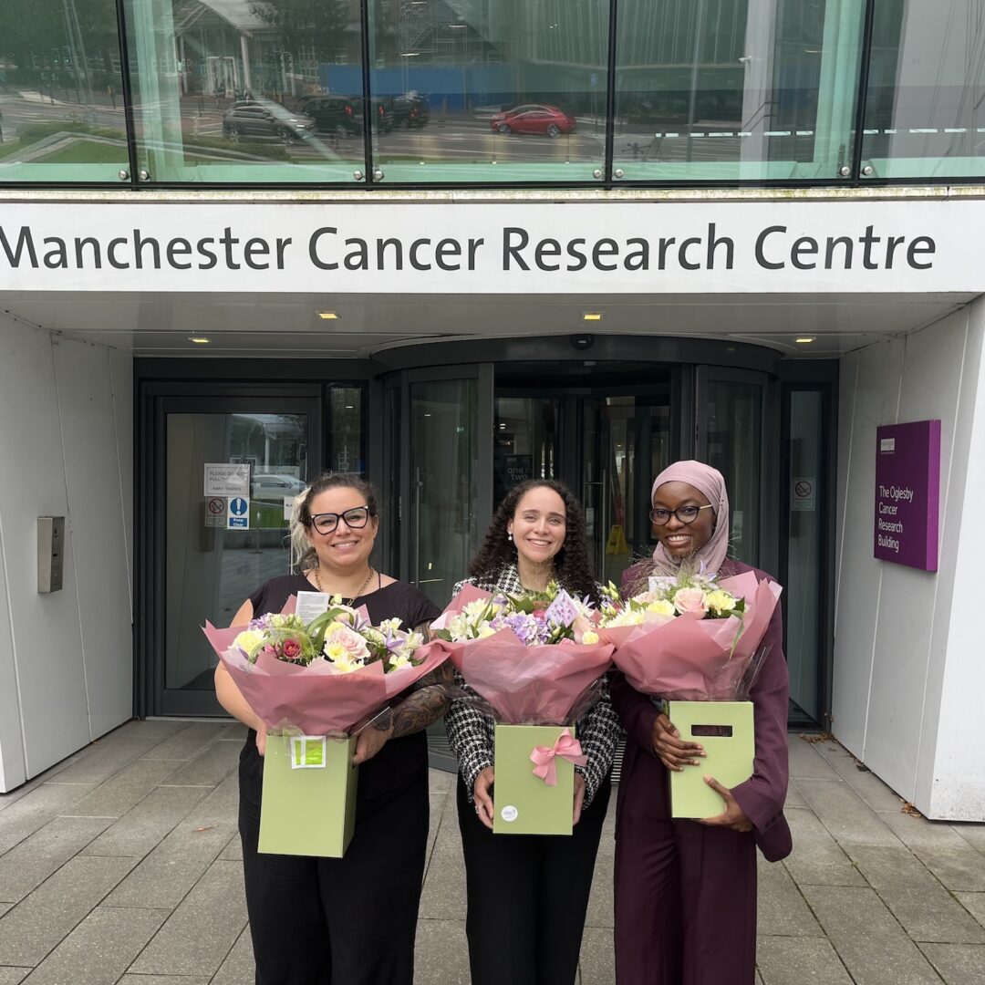 MB-PhD students in front of the OCRB in Manchester, Left to right: Macarena, Nadin, Hadiyat