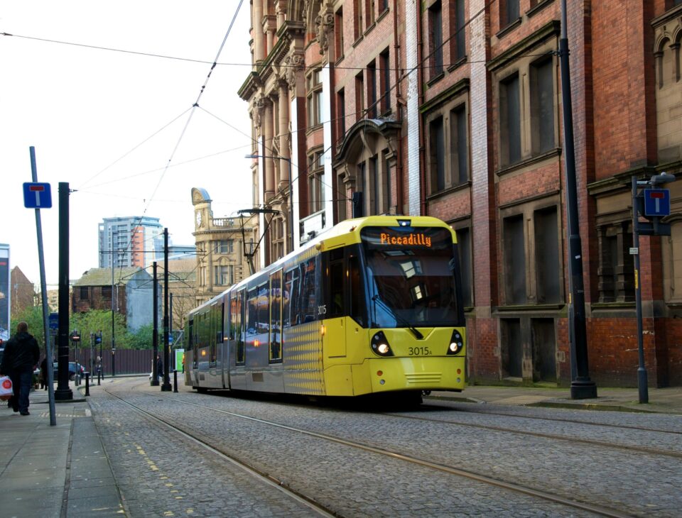 A yellow tram in Manchester