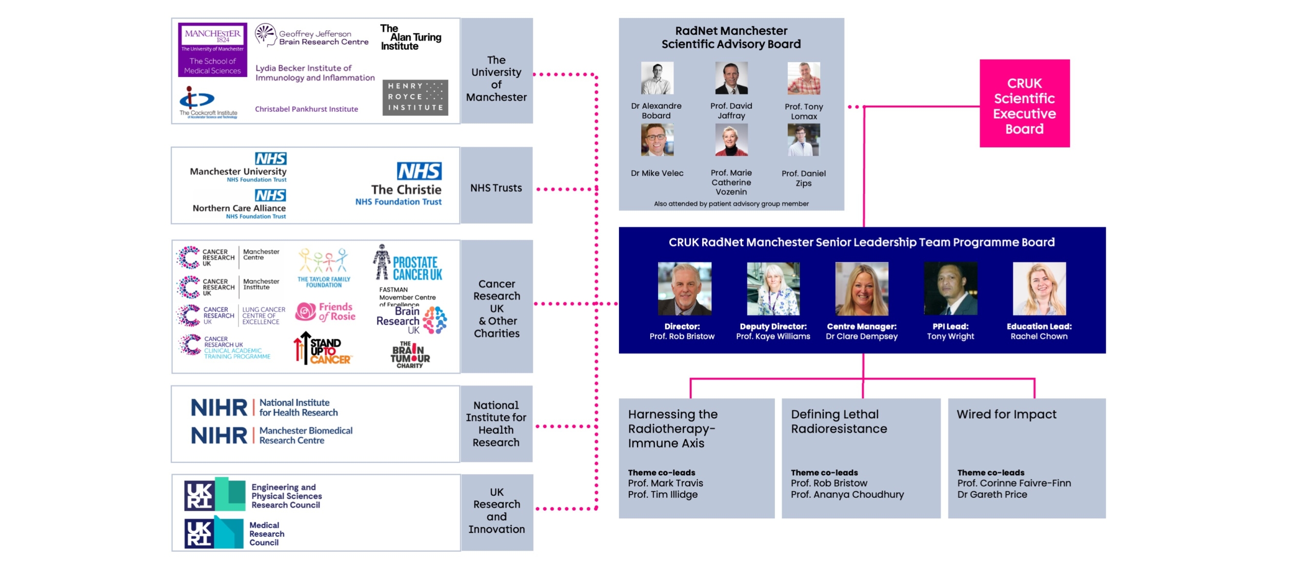 Detailed graphic of the Governance underpinning RadNet 2.0. The Governance covers four levels. 

In the centre is the Senior Leadership Team: Prof. Rob Bristow (Director) Prof. Kaye Williams (Deputy Director), Dr Clare Dempsey (Centre Manager), Tony Wright (PPI Lead), and Rachel Chown (Education Lead). 

Each of the theme leads report to the SLT: Theme One: Harnessing RT-IO axis, Defining lethal radioresistance, and Wired for impact.

The SLT report to he CRUK Scientific Executive Board and the RadNet Manchester International Advisory Board advise the SLT.

Left funnelling into the Senior Leadership Team are the collaborative centres from The University of Manchester (Faculty of Biology Medicine and Health, Lydia Becker Institute, Alan Turing Institute, Geoffrey Jefferson Brain Research Centre and Henry Royce Institute), NHS Trusts (The Christie, Northern Care Alliance and MFT), CRUK and other charities (Cancer Research UK, Prostate Cancer UK, The Taylor Family Charity, Stand Up to Cancer, The Brain Tumour Charity, Brain Research UK, and Friends of Rosie), NIHR, and UKRI. 